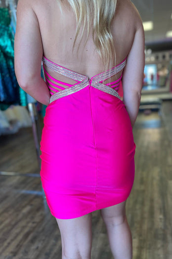 Halter Fuchsia Bodycon Satin Homecoming Dress with Slit