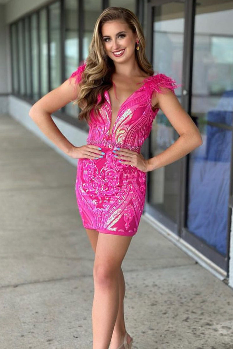 Load image into Gallery viewer, Sparkly Fuchsia Bodycon Sequined Homecoming Dress with Feathers