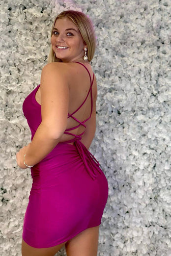 Fuchsia Spaghetti Straps Bodycon Ruched Homecoming Dress