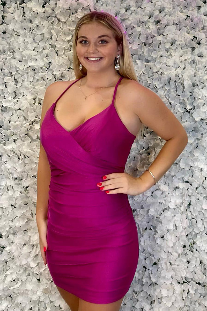 Load image into Gallery viewer, Fuchsia Spaghetti Straps Bodycon Ruched Homecoming Dress