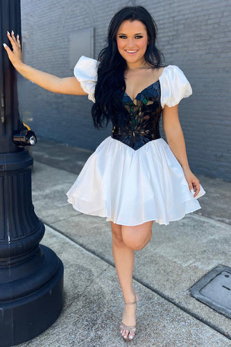 A-Line White Mirror Homecoming Dress with Puff Sleeves