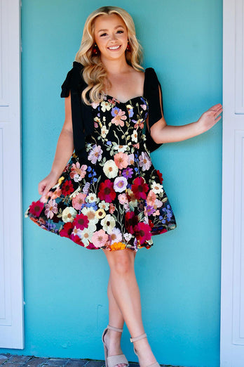 Black A-Line Floral Printed Short Homecoming Dress