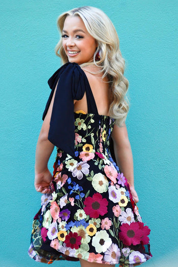 Black A-Line Floral Printed Short Homecoming Dress