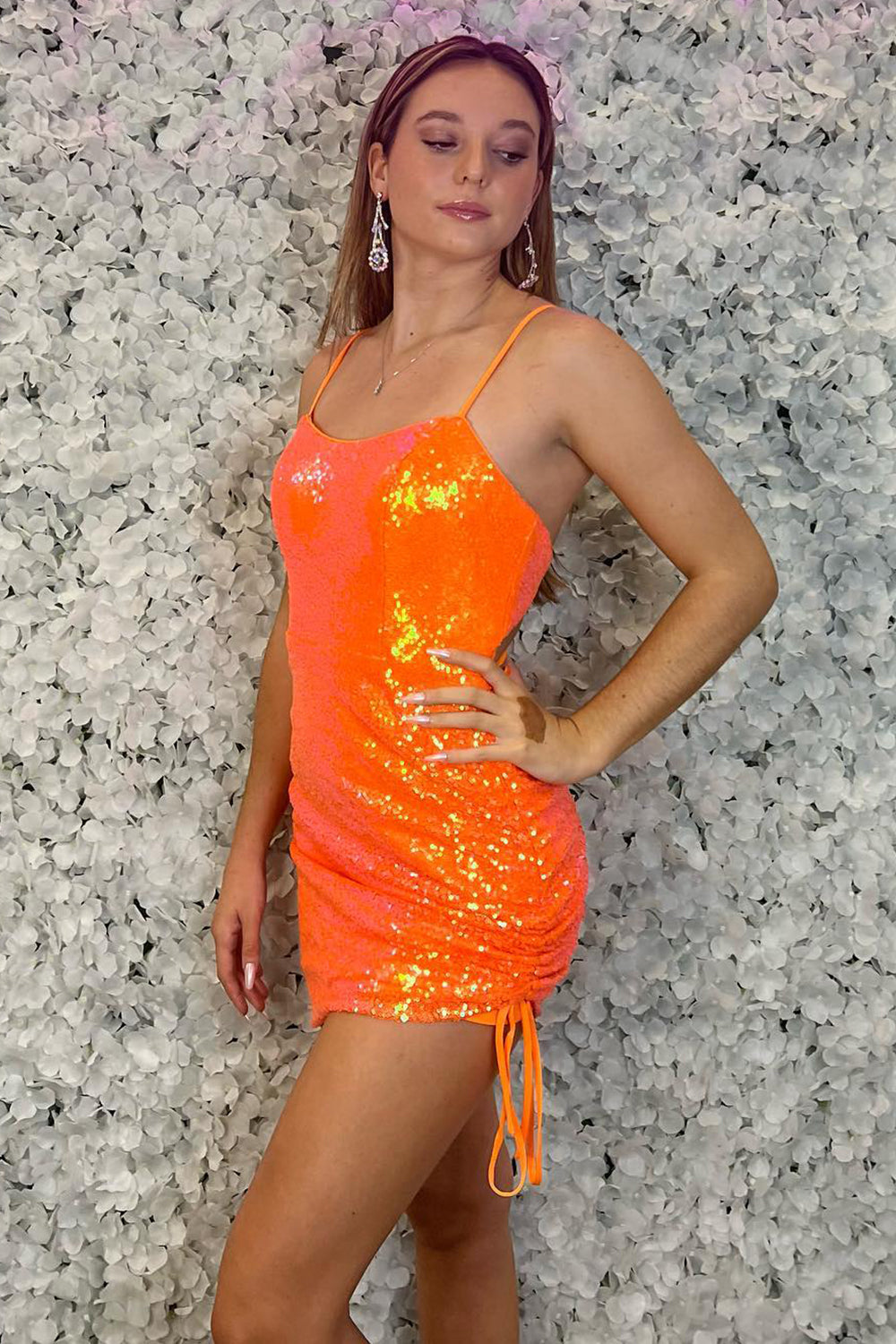 Sparkly Orange Spaghetti Straps Tight Homecoming Dress with Sequins