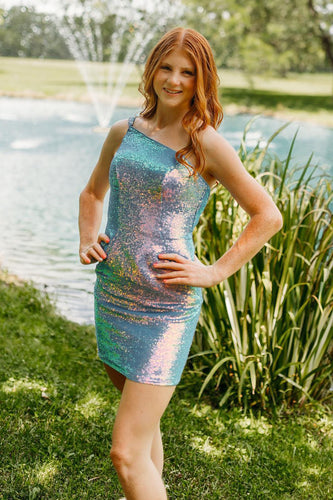 Sparkly Blue One Shoulder Bodycon Homecoming Dress