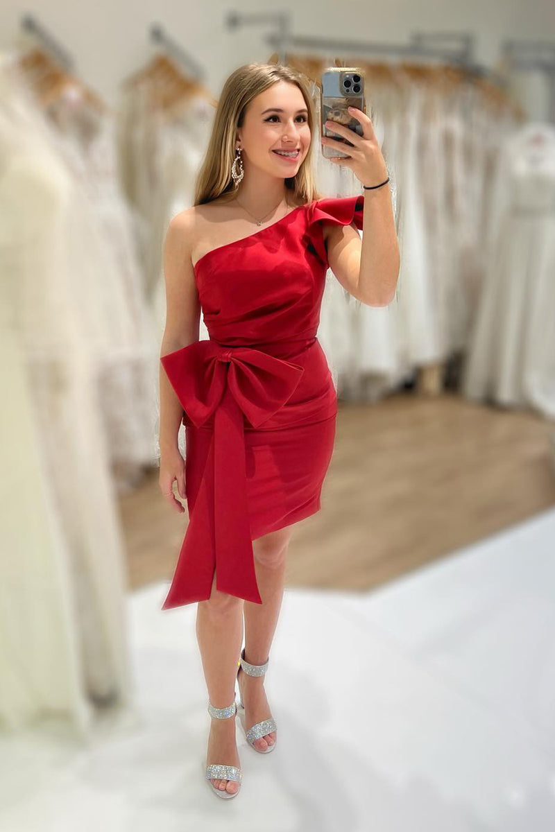 Load image into Gallery viewer, Red One Shoulder Tight Homecoming Dress with Bow