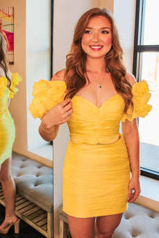 Yellow Off The Shoulder Bodycon Homecoming Dress with Puff Sleeves