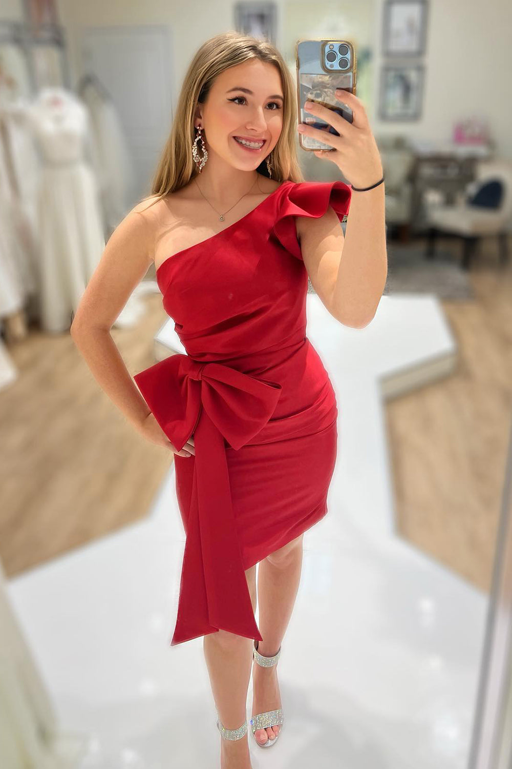 Red One Shoulder Tight Homecoming Dress with Bow