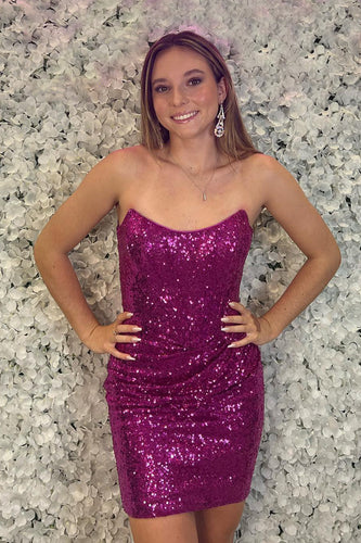 Sparkly Fuchsia Bateau Neck Bodycon Homecoming Dress with Sequins