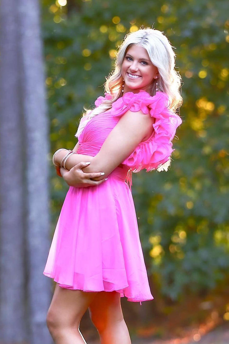 Load image into Gallery viewer, A-Line Hot Pink V-neck Short Homecoming Dress with Ruffles