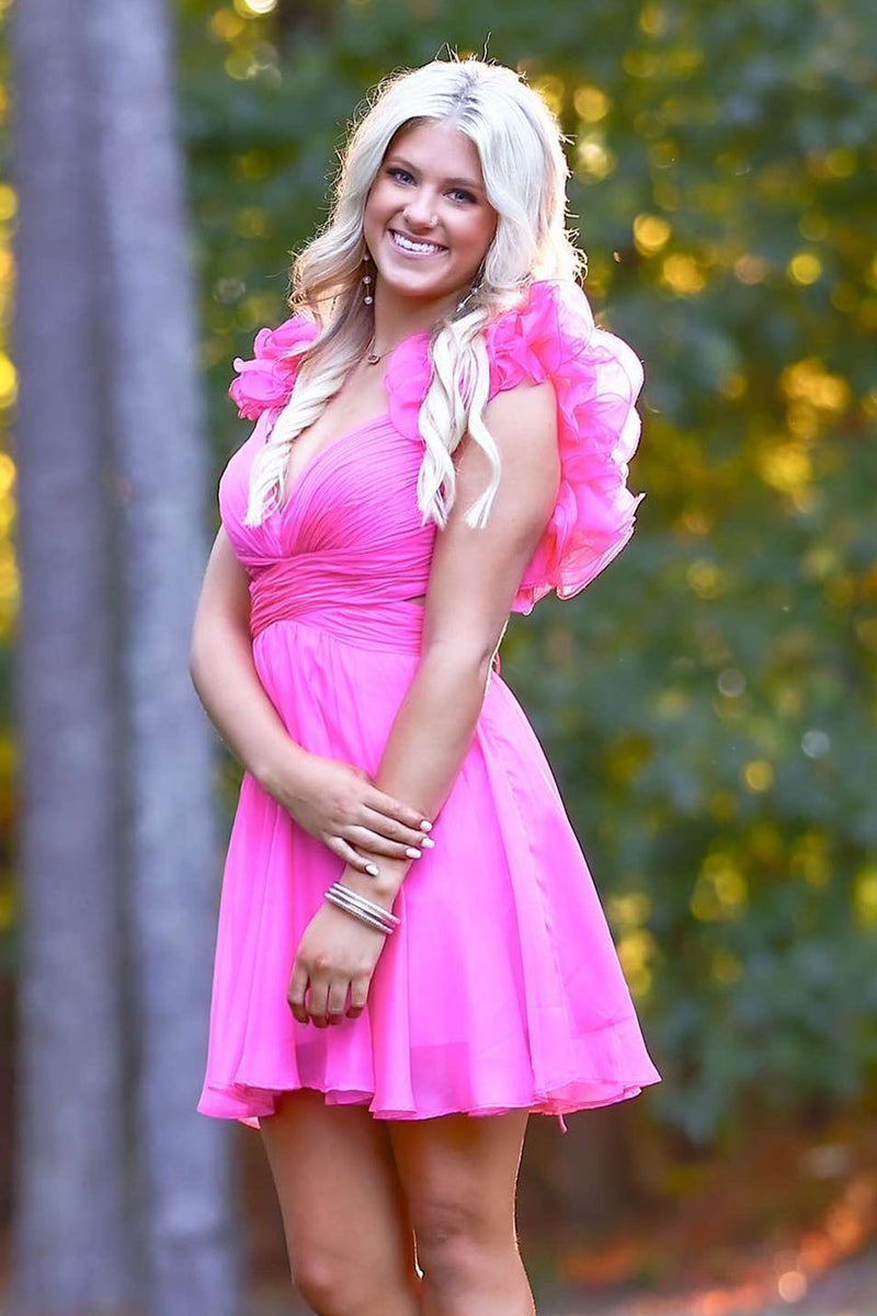 Load image into Gallery viewer, A-Line Hot Pink V-neck Short Homecoming Dress with Ruffles