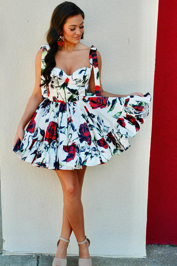 A-Line White&Red Pleated Homecoming Dress with Printed Flower