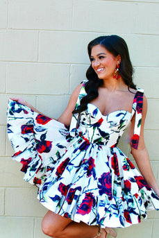 A-Line White&Red Pleated Homecoming Dress with Printed Flower