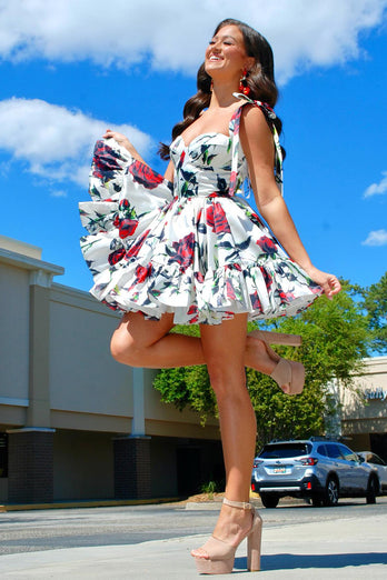 A-Line White&Red Pleated Homecoming Dress with Printed Flower