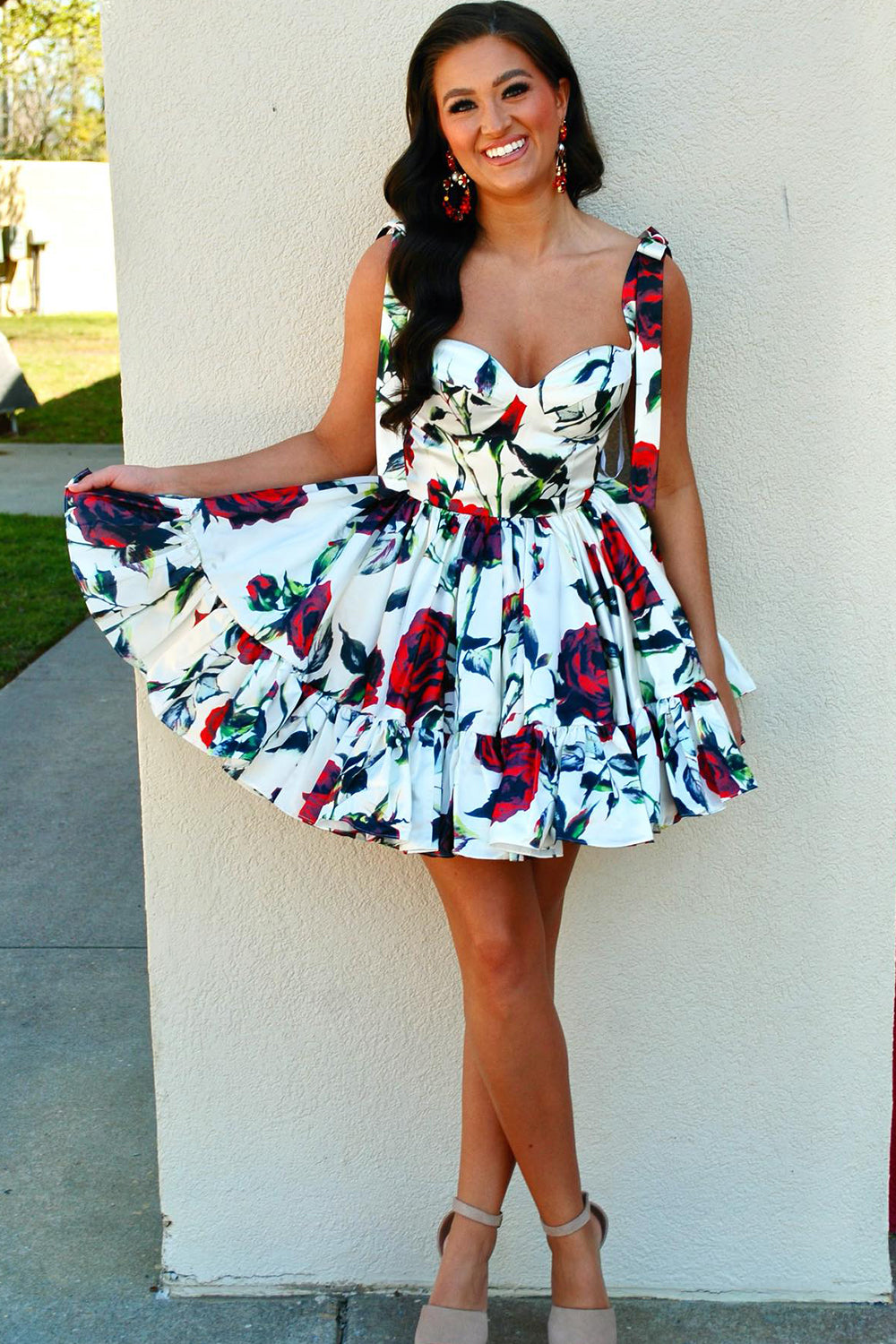 A-Line White&Red Pleated Homecoming Dress with Printed Flower