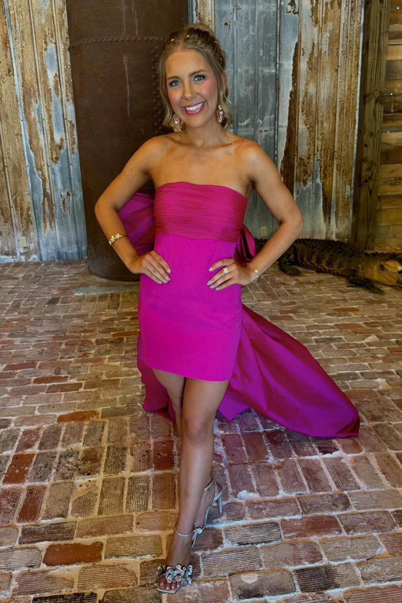 Load image into Gallery viewer, Fuchsia Strapless Homecoming Dress with Oversized Bow and Flowing Train