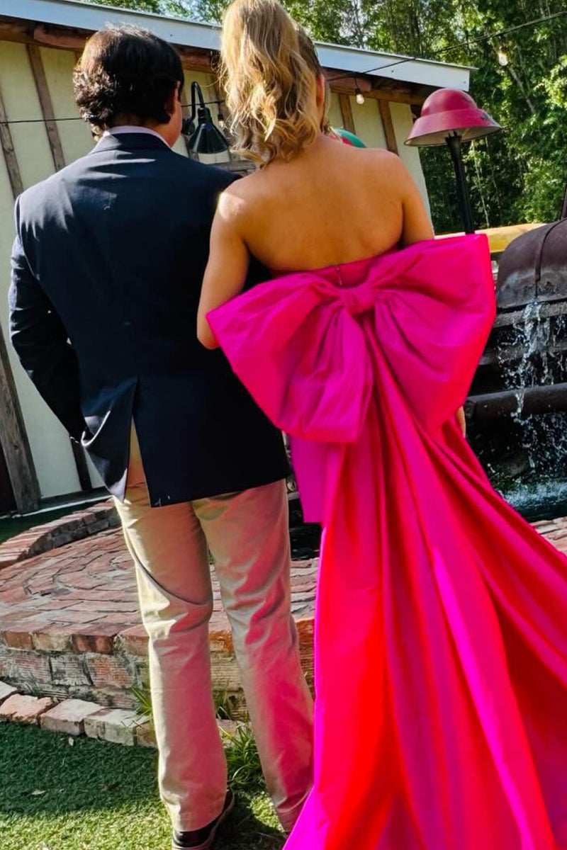 Load image into Gallery viewer, Fuchsia Strapless Homecoming Dress with Oversized Bow and Flowing Train