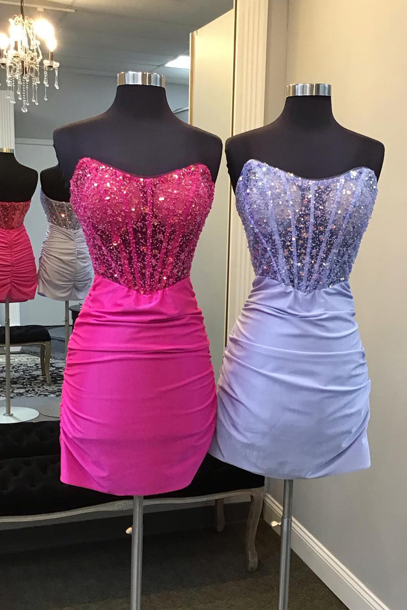 Load image into Gallery viewer, Bodycon Fuchsia Strapless Corset Homecoming Dress with Sequins