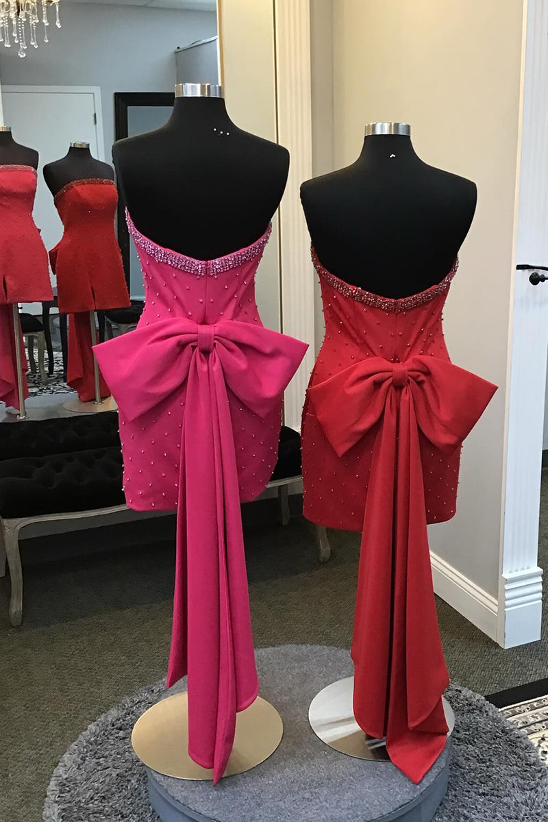 Load image into Gallery viewer, Bodycon Fuchsia Strapless Beaded Homecoming Dress with Bow