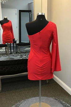 Red One Shoulder Tight Short Homecoming Dress with Long Sleeves