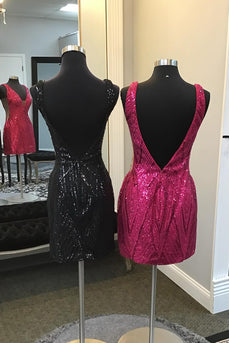 Burgundy V-neck Bodycon Short Homecoming Dress with Sequins