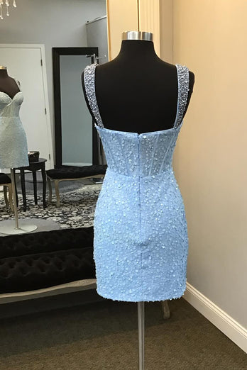 Sparkly Spaghetti Straps Blue Bodycon Corset Homecoming Dress with Sequins