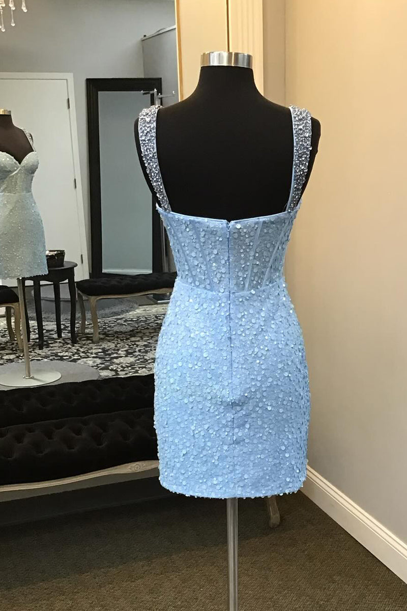 Load image into Gallery viewer, Sparkly Spaghetti Straps Blue Bodycon Corset Homecoming Dress with Sequins