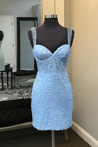 Sparkly Spaghetti Straps Blue Bodycon Corset Homecoming Dress with Sequins