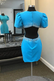 Round Neck Blue Bodycon Beaded Homecoming Dress with Puff Sleeves