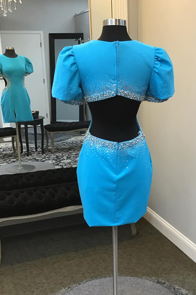 Load image into Gallery viewer, Round Neck Blue Bodycon Beaded Homecoming Dress with Puff Sleeves