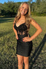 Load image into Gallery viewer, Black Spaghetti Straps Bodycon Ruched Homecoming Dress with Lace