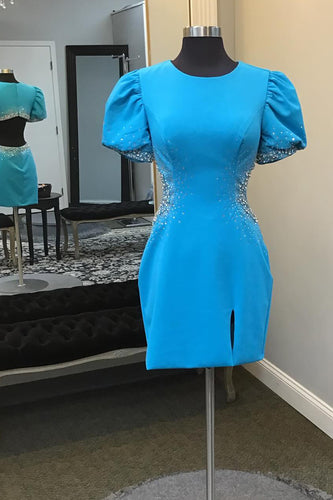 Round Neck Blue Bodycon Beaded Homecoming Dress with Puff Sleeves