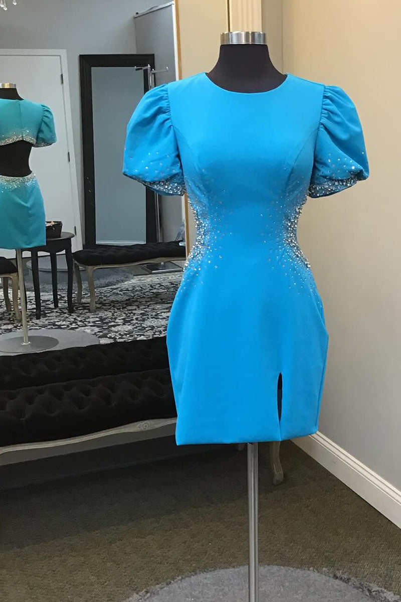 Load image into Gallery viewer, Round Neck Blue Bodycon Beaded Homecoming Dress with Puff Sleeves