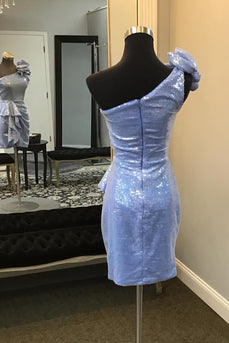 Sparkly Blue One Shoulder Bodycon Homecoming Dress with Ruffles