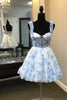 Load image into Gallery viewer, A-Line Blue Spaghetti Straps Corset Homecoming Dress with Floral Printed