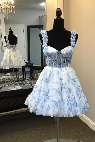A-Line Blue Spaghetti Straps Corset Homecoming Dress with Floral Printed