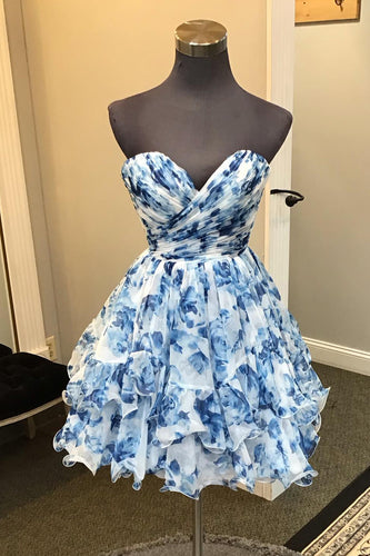 A-Line Blue Strapless Tiered Homecoming Dress with Flower Printed