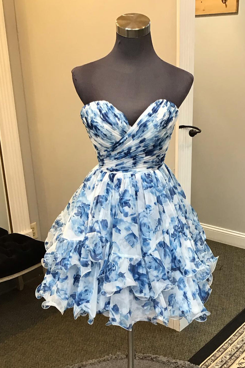 Load image into Gallery viewer, A-Line Blue Strapless Tiered Homecoming Dress with Flower Printed