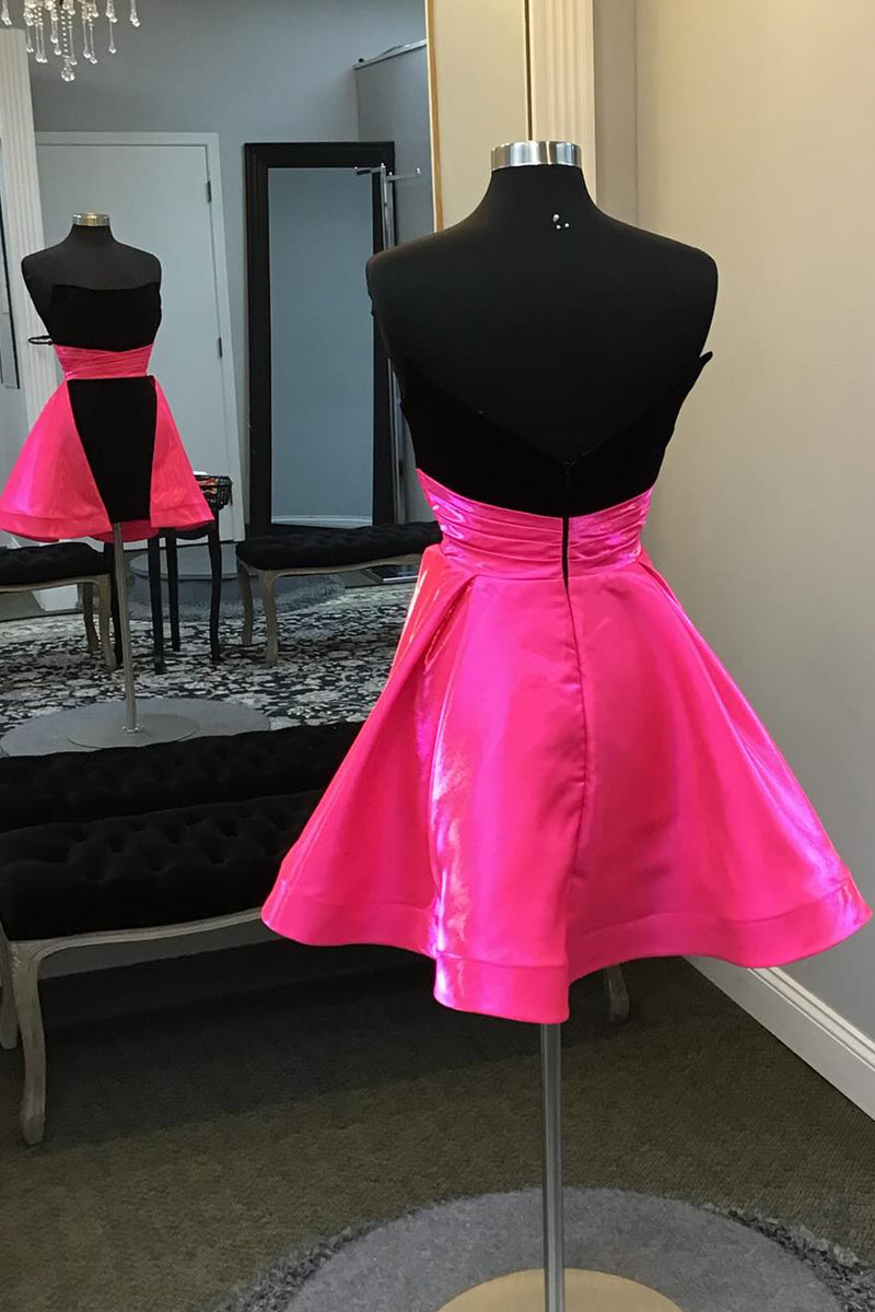 Load image into Gallery viewer, Fuchsia&amp; Black A-Line Strapless Homecoming Dress