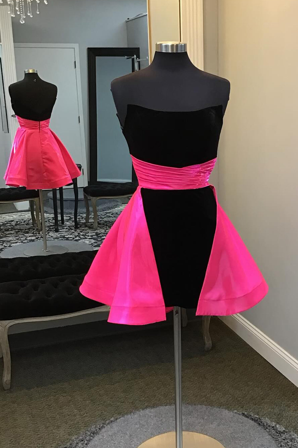 Fuchsia& Black A-Line Strapless Homecoming Dress