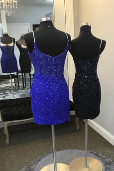 Sparkly Royal Blue Spaghetti Straps Bodycon Homecoming Dress with Beading