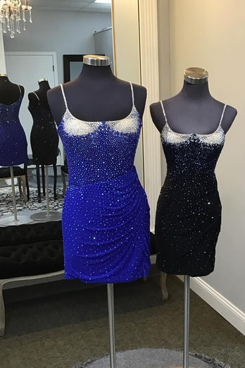 Sparkly Royal Blue Spaghetti Straps Bodycon Homecoming Dress with Beading