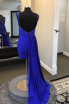 Spaghetti Straps Royal Blue Bodycon Homecoming Dress with Beading