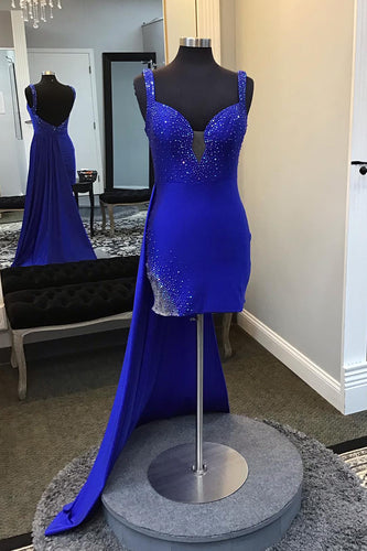 Spaghetti Straps Royal Blue Bodycon Homecoming Dress with Beading