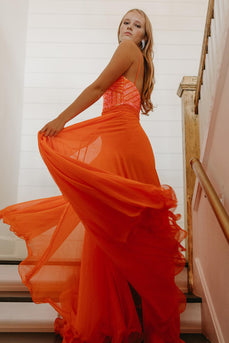 Vibrant Orange Sequined Homecoming Dress with Flowing Chiffon Overlay