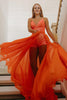 Load image into Gallery viewer, Vibrant Orange Sequined Homecoming Dress with Flowing Chiffon Overlay