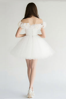 White Off The Shoulder A Line Tulle Short Graduation Dress with 3D Flowers