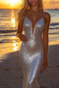 Load image into Gallery viewer, Sparkly Silver Sequin Strapless Mermaid Long Formal Dress