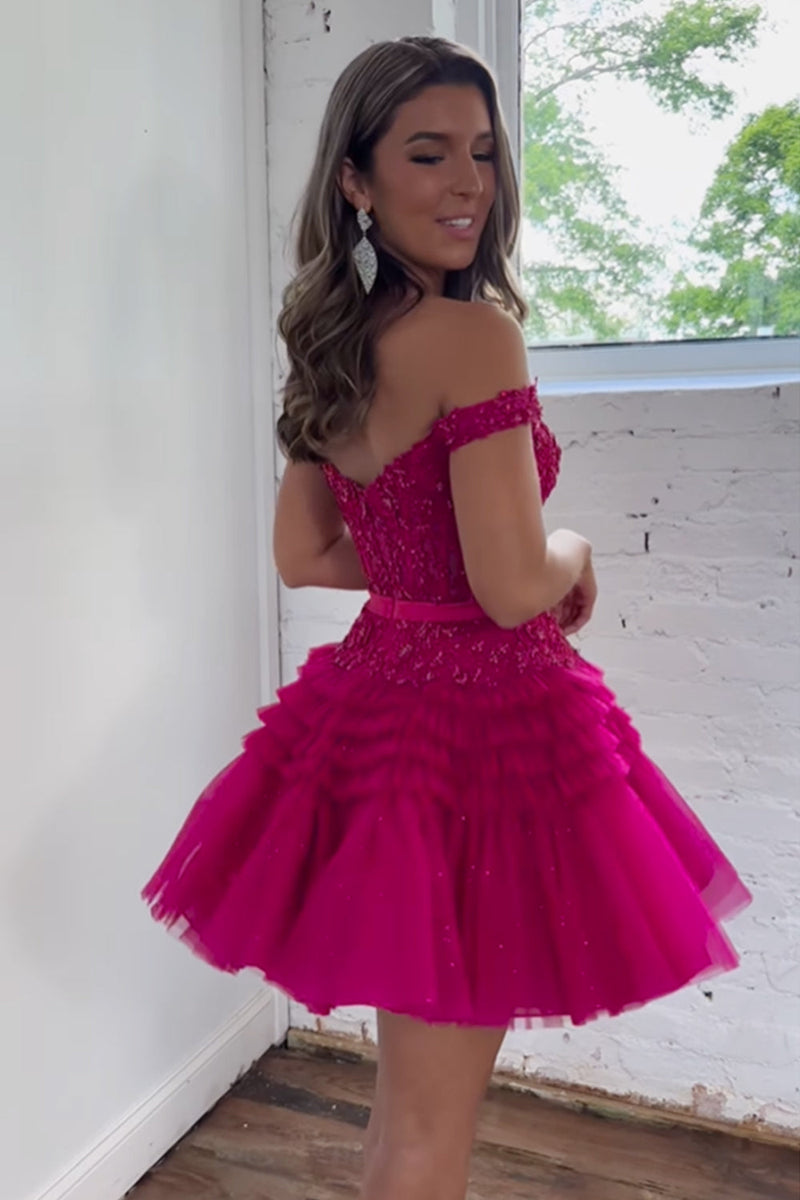 Load image into Gallery viewer, Fuchsia A-Line Off The Shoulder Homecoming Dress With Belt