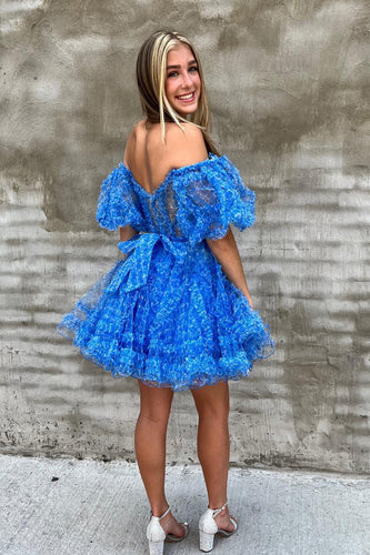 A-Line Blue Off The Shoulder Corset Homecoming Dress with Sleeves